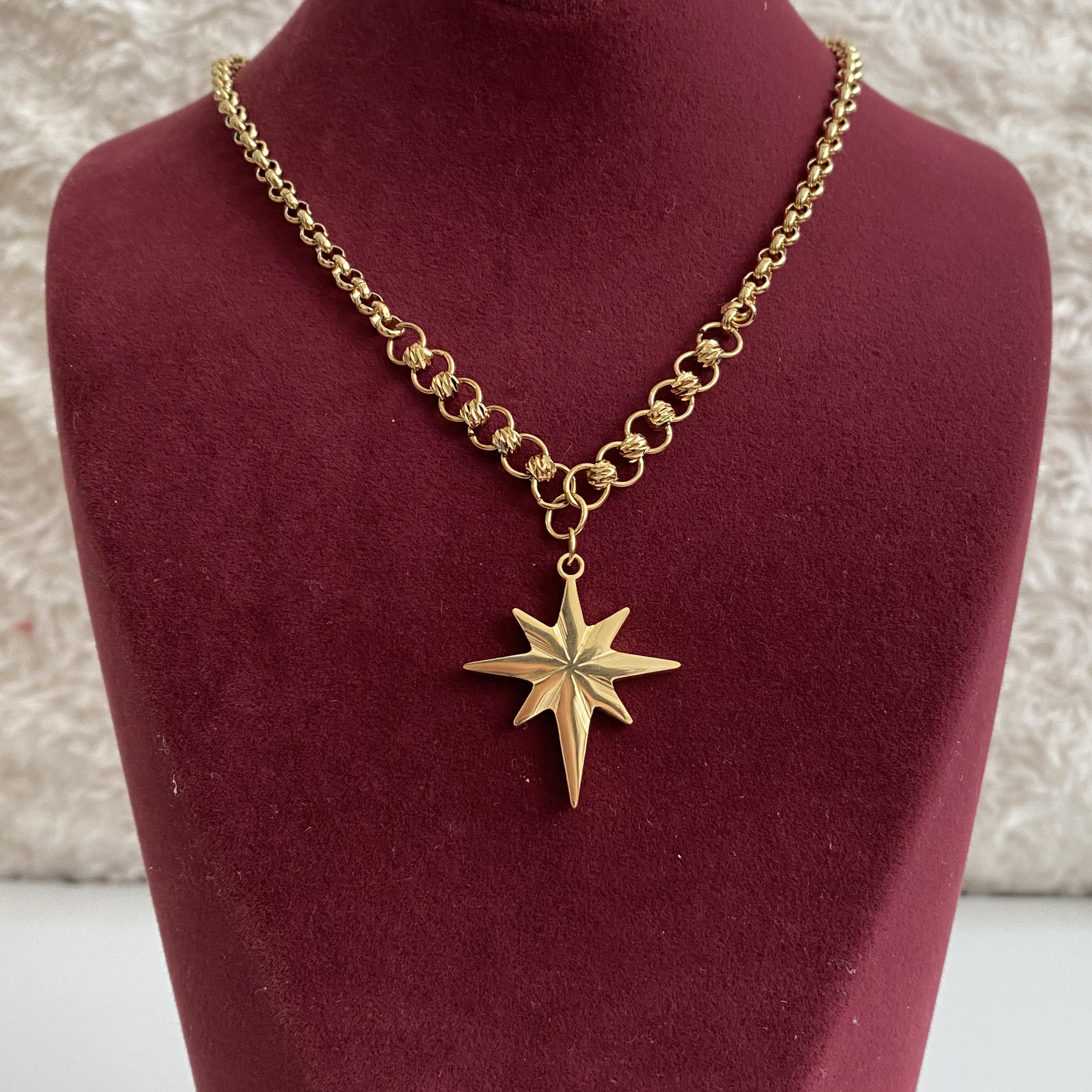 Çelik Gold Rengi Geçmeli Zincirli Kuzey Yıldızı Kolye