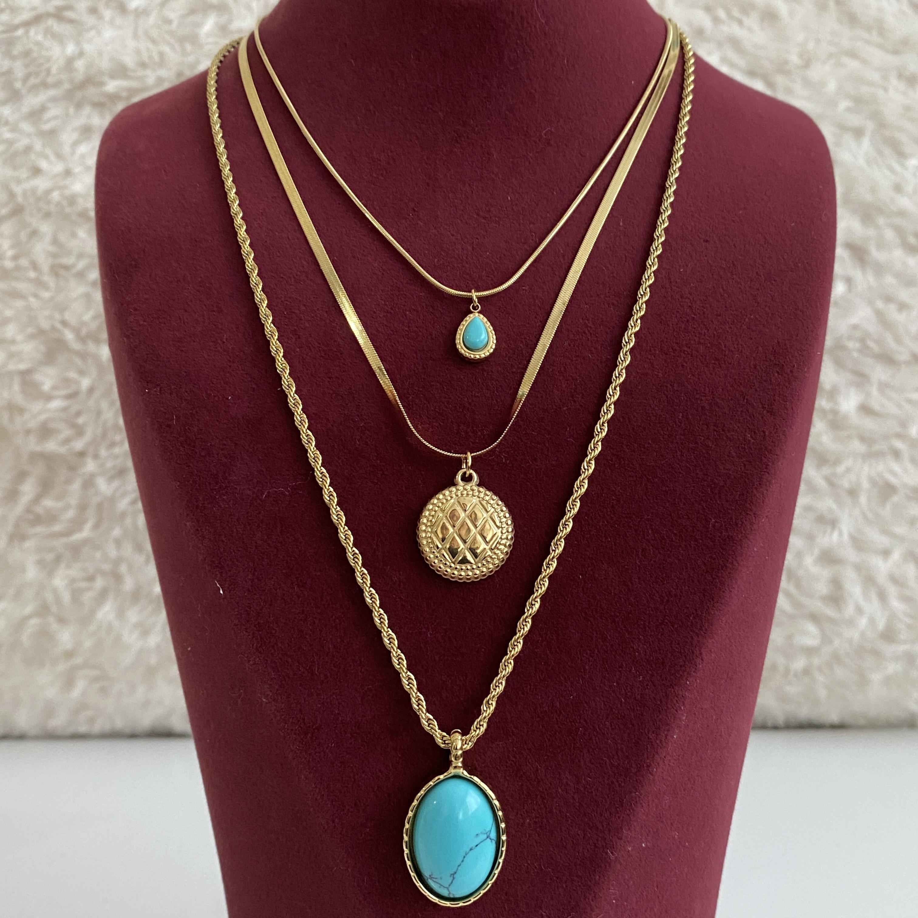 Çelik Gold Reng Burgu Zincirli i Firuze Taş Uçlu  Kolye