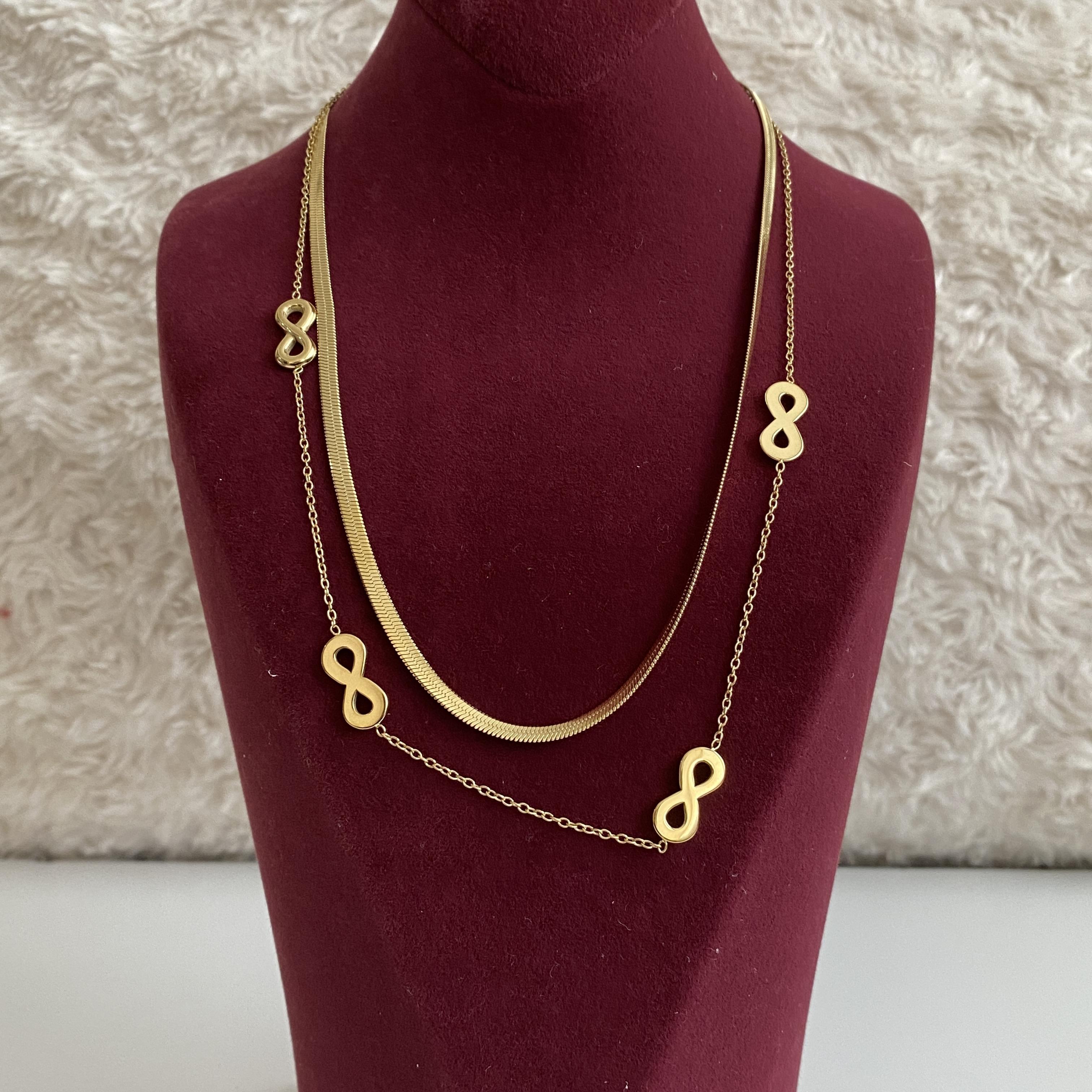 Çelik Gold Rengi Çift Zincirli Sonsuzluk Kolyesi