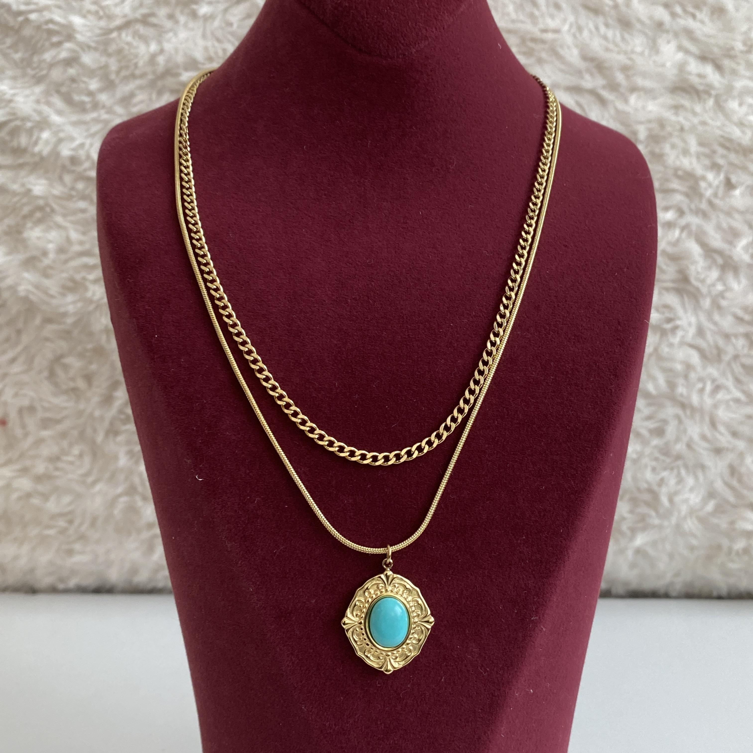 Çelik Çift Zincirli Çerçeveli Firuze Kolye