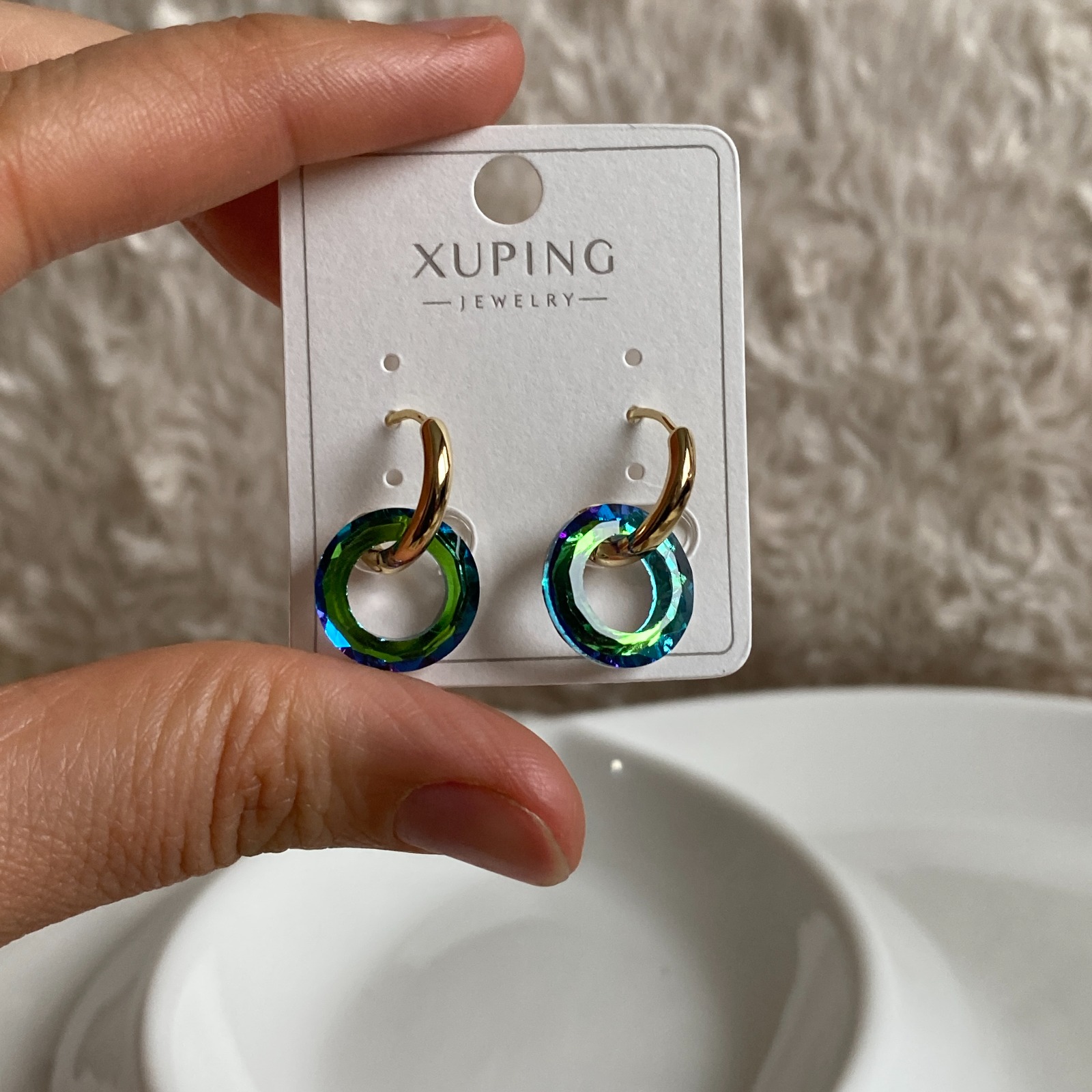 Xuping Gold Rengi Şeffaf  Yeşil Halka Küpe