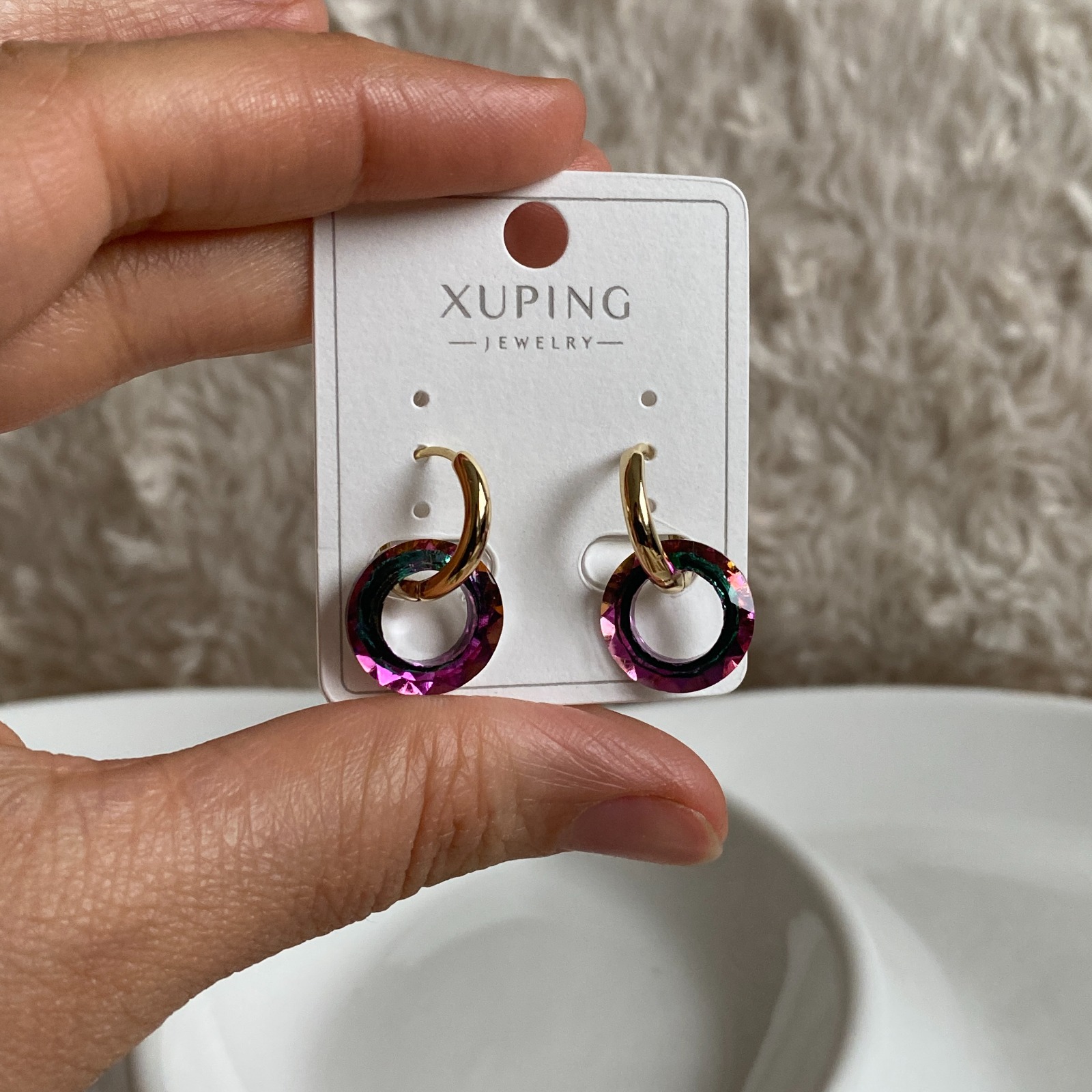 Xuping Gold Rengi Şeffaf  Mor  Halka Küpe