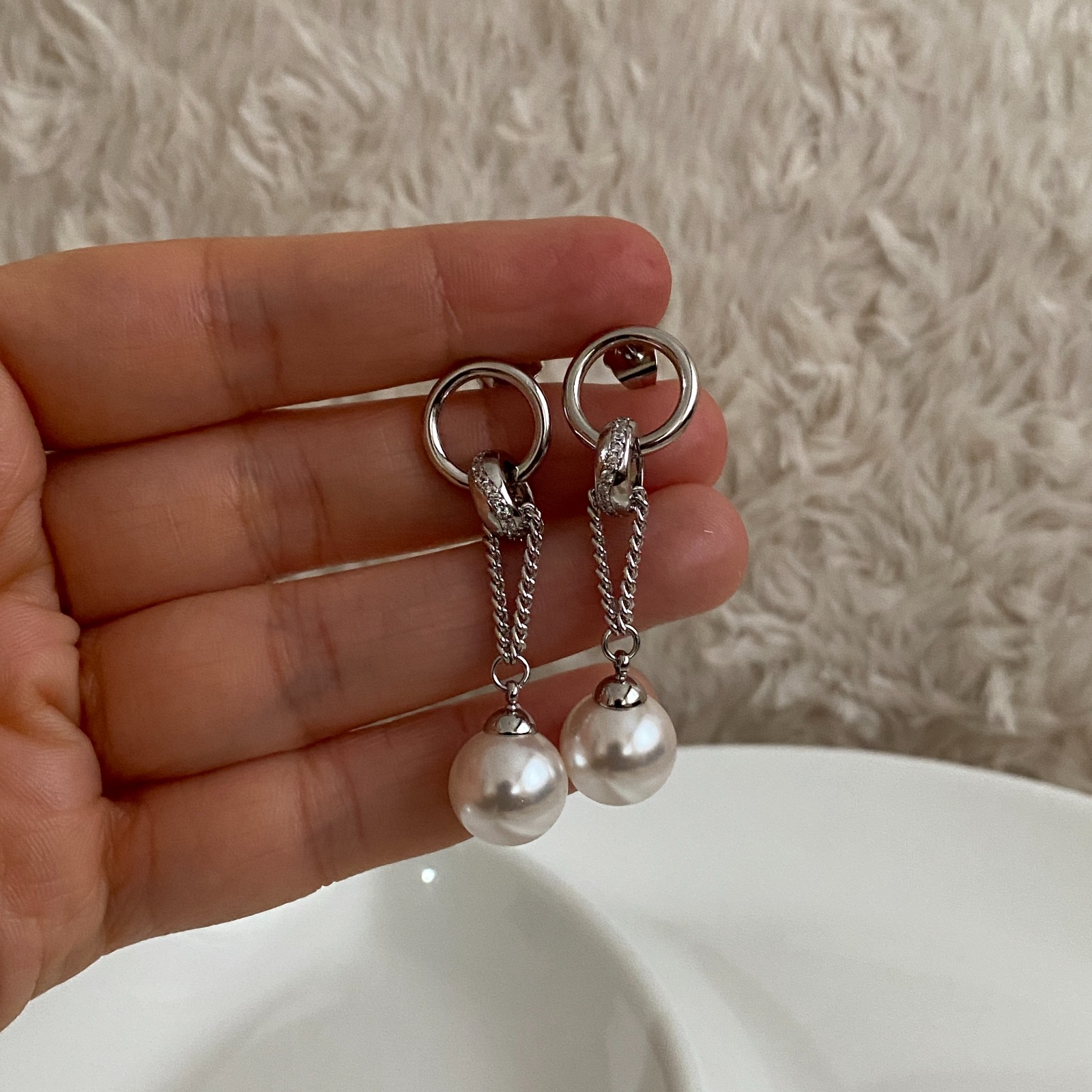 Xuping Silver Rengi Zincirli İnci Küpe