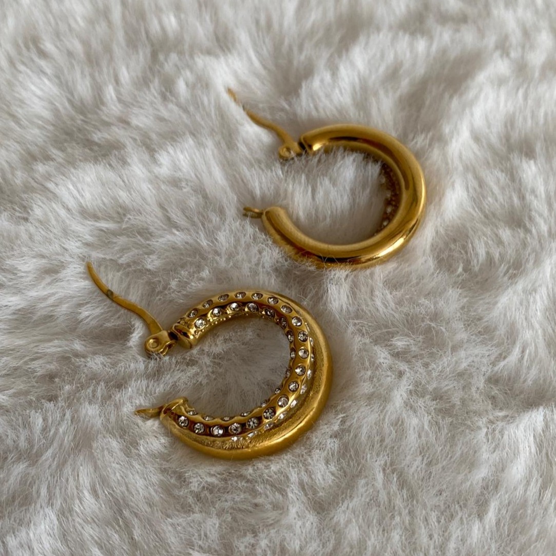 Çelik Gold Rengi İkili Kalın Halka Küpe