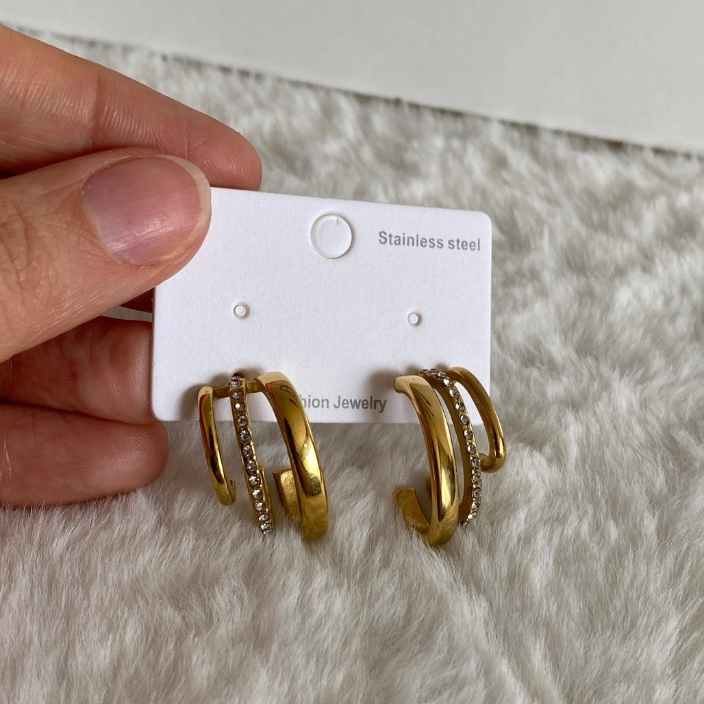 Çelik Gold Rengi Zirkon Taşlı Üçlü Halka Küpe