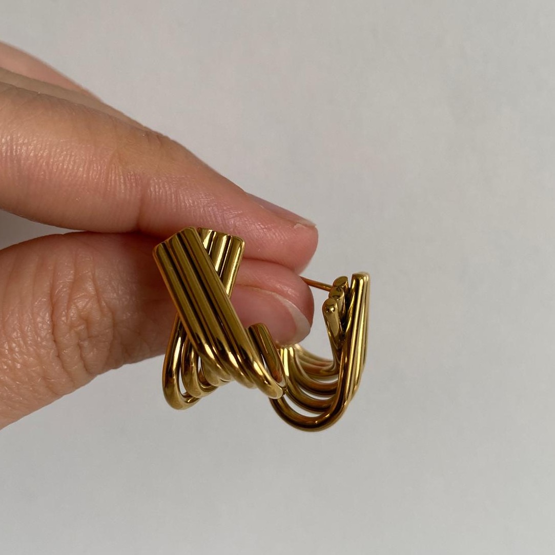 Çelik Gold Rengi Üçlü X Küpe