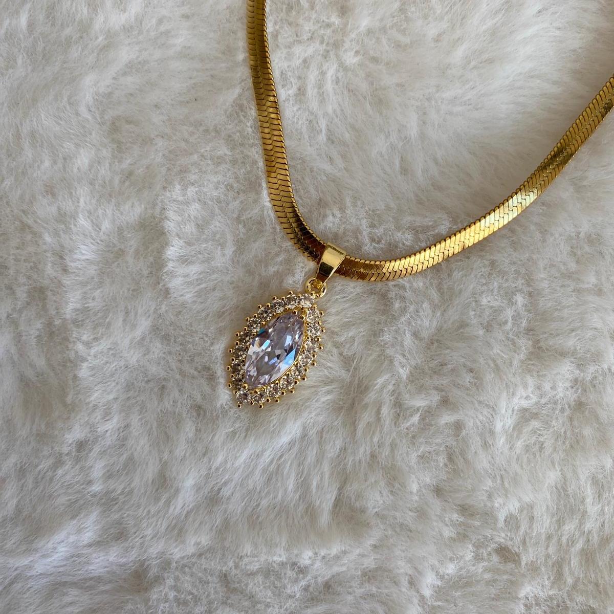 Çelik Gold Rengi İtalyan Zincirli Taşlı kolye